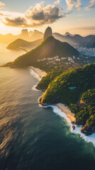 Aerial scene of Rio de Janeiro coastline with Sugarloaf Mountain at sunrise, Brazil adventure