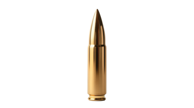 close up of single golden bullet standing on white background