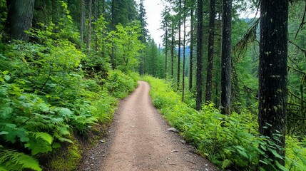Obraz premium A serene hiking trail winding through a lush green forest.