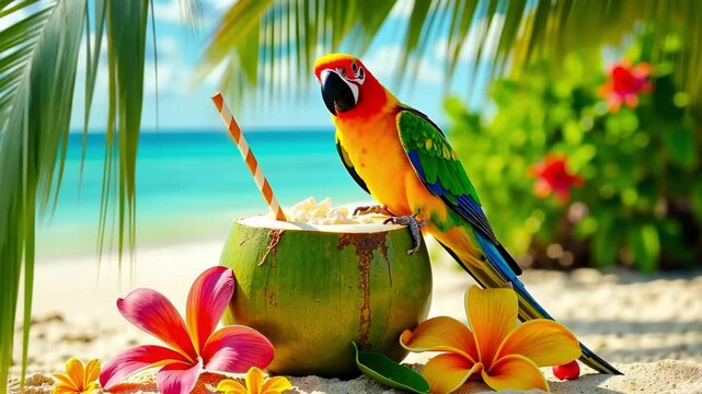 A bright bird rests by a coconut drink, surrounded by tropical flowers on a sunny beach with ocean views