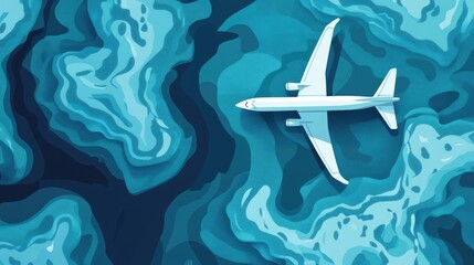Fototapeta premium White airplane flying over blue topographic ocean map with coral reefs and depth layers. Vacation concept background