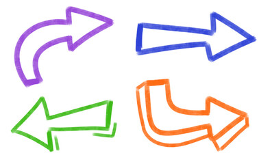 Set of colorful big sketchy, hand-drawn arrows for annotations, presentations, note-taking, 