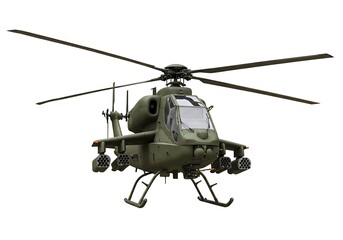 A military helicopter with missile pods and rotor blades isolated on a white background in a studio shot