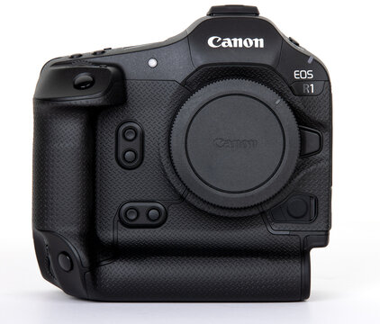 Charlotte, NC - USA - April 17, 2025 : The Canon R1 mirrorless camera on a white background. 