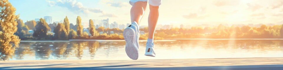 Jogging along a scenic river pathway in the early morning sunlight