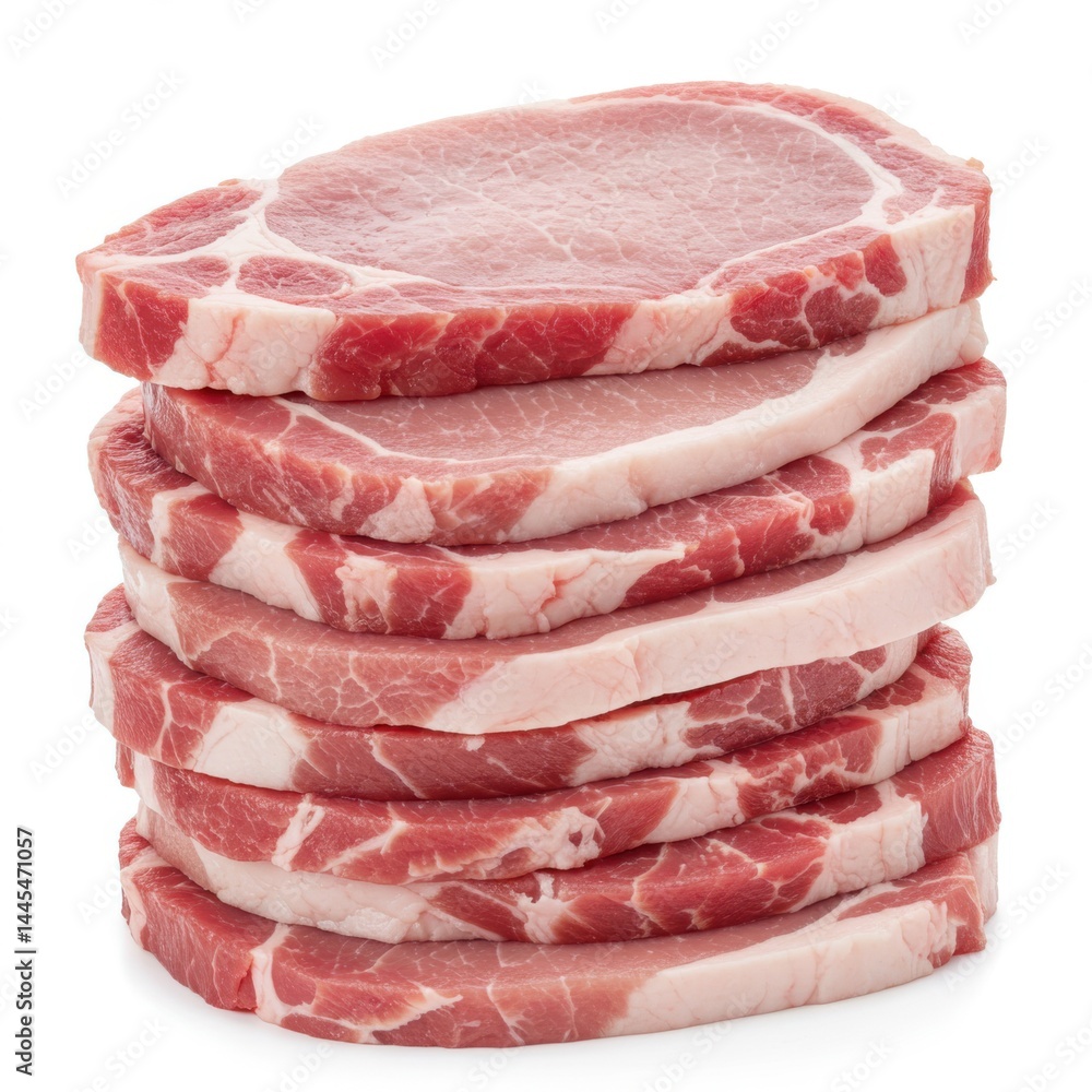 Poster a stack of raw pork chops with visible marbling and fat layers isolated on a white background close 