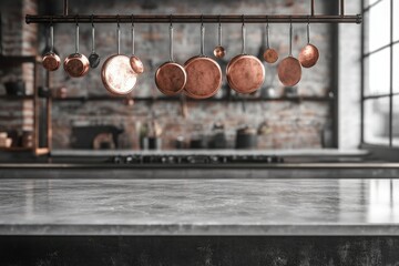 Copper cookware hanging above a modern kitchen countertop, rustic industrial design.
