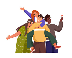 Portrait of happy diverse people. Group of young international friends standing together. Social unity. Multiracial team. Positive community. Friends day. Flat vector illustration isolated on white.