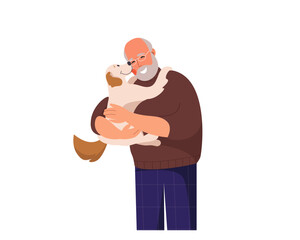 Elderly people with pets. Senior man hugging his friend dog. Grandfather play with pet. Happy aged male character spend time with domestic animal. Flat vector cartoon illustration isolated on white