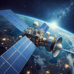 Satellite orbiting Earth, capturing stunning views of the planet beneath at dawn with solar panels glowing in the sunlight