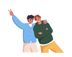 Happy cheerful smiling male best friends embrace, hugging. Boy's friendship, support, happiness, joy concept. Portrait of men characters friends together. Positive community. Flat vector illustration