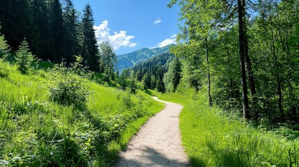 Fototapeta premium Scenic trail through lush green forest under a bright blue sky.