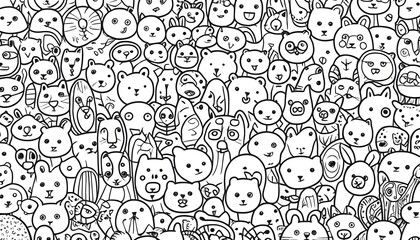 Cute Doodle Animal Faces Seamless Pattern
