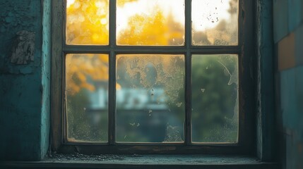 Rustic window view with autumn leaves and soft sunlight