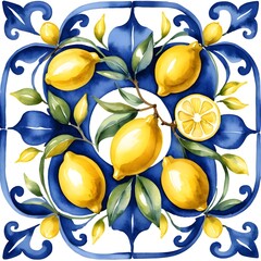 Watercolor Lemons on Blue and White Tile Pattern