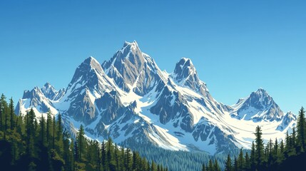 Obraz premium Majestic Snowy Peaks: A Digital Illustration of a Mountain Landscape