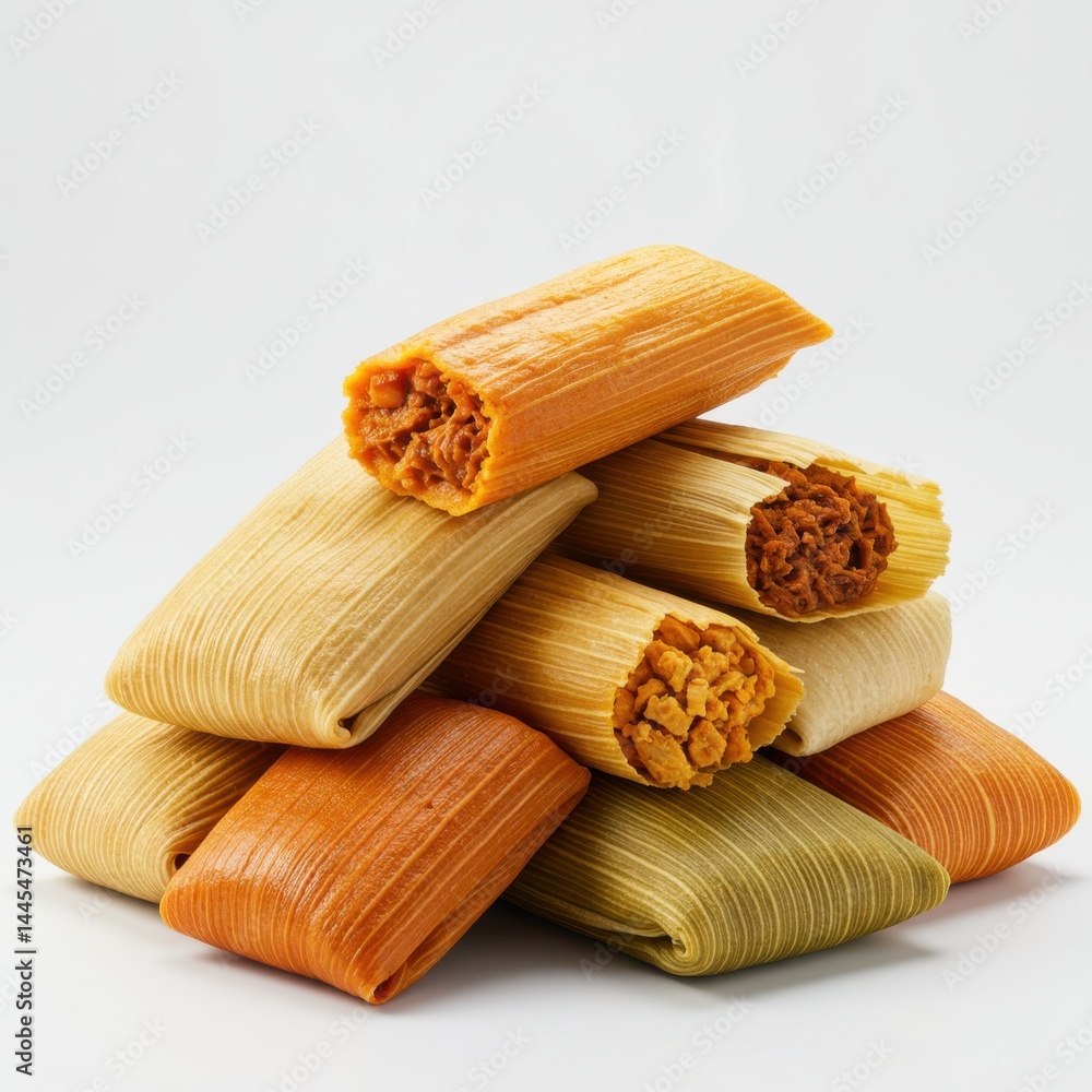 Poster a colorful stack of tamales with various fillings on a white background in a studio setting