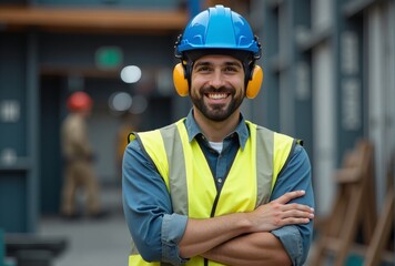 Fototapeta premium Construction-Worker-Blue-Helmet-Safety-First-Smiling-Confident