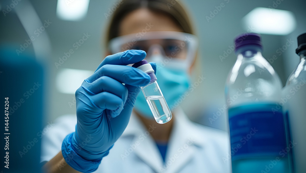 Poster technician collecting water samples in sterile bottles for lab analysis: ensuring accurate results u