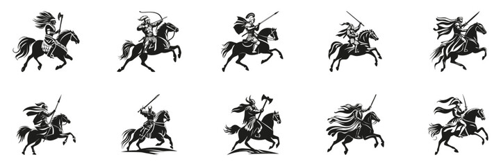Naklejka premium Medieval Warriors On Horseback Silhouette Set. Historical Combat And Chivalry Themes Isolated Vector Illustration Collection