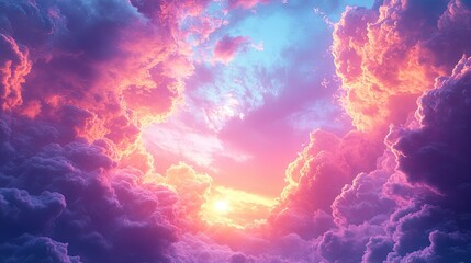 Fototapeta premium A vibrant sky filled with colorful clouds and bright sunlight, radiating warmth and a tranquil atmosphere.