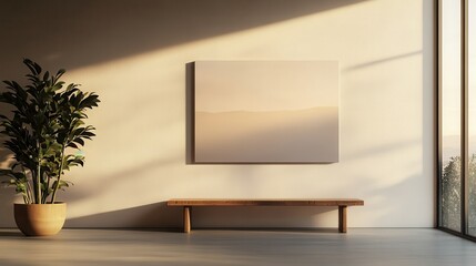 Interior with minimalist artwork, natural light, and greenery