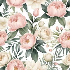 Seamless Watercolor Peony and Tulip Floral Pattern
