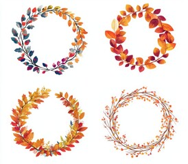 Autumn wreath collection. Four decorative wreaths, featuring fall foliage, in various color palettes