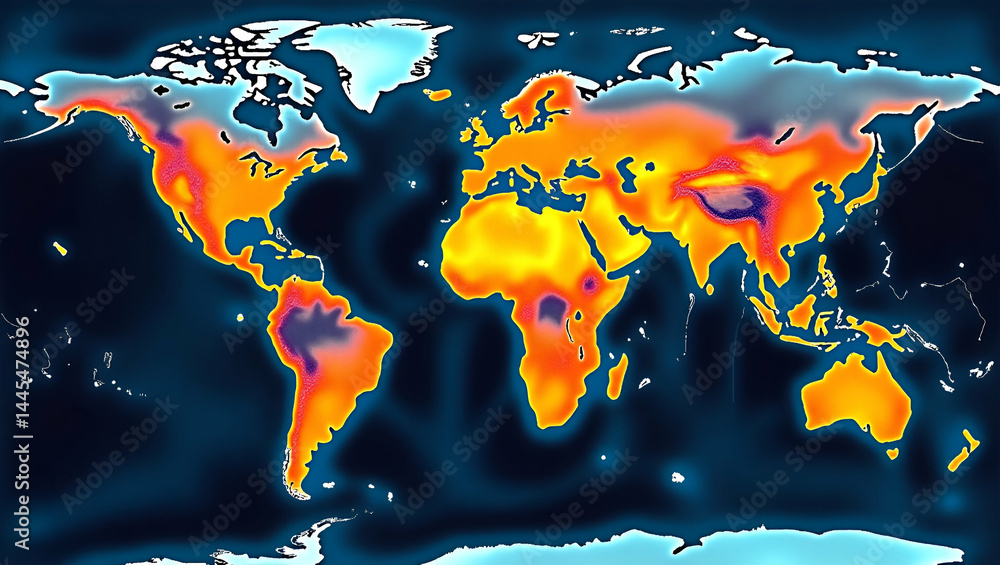 Poster digital heat map of global temperature anomalies over decades - visualizing rising trends with empty