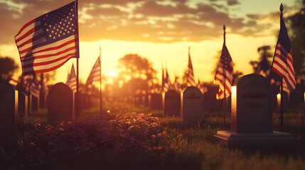 Fototapeta premium Military cemetery with american flags each grave