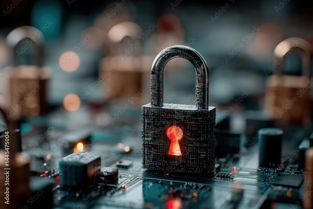 Poster digital lock on circuit board symbolizes cybersecurity and data protection.