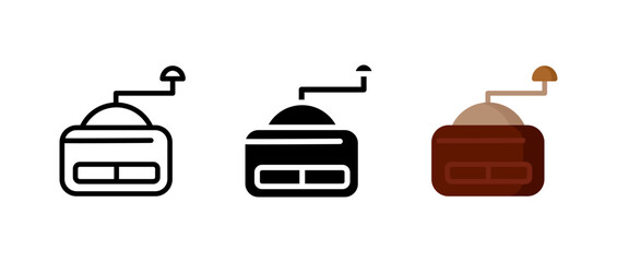 Coffee grinder icon. Manual vintage mill with handle sign. Tool for grinding roasted beans symbol. Classic barista appliance pictogram. Retro cafe brewing illustration.