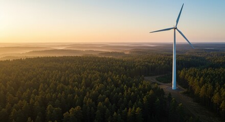 Wind park farm at sunset in a forest landscape