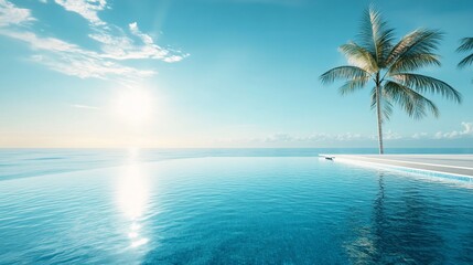 Tranquil infinity pool by ocean, palm tree, sunrise