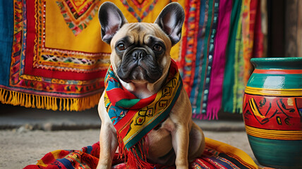 Fototapeta premium French Bulldog Wearing Colorful Traditional Scarf with Vibrant Textiles in Background
