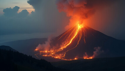 Intense Volcano Disaster Scene: Lava Flowing Towards Village, Smoke and Ash Clouds, Photo Stock Concept with Empty Space for Text