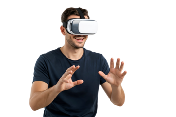 young  man wearing virtual reality glasses on trasparent
