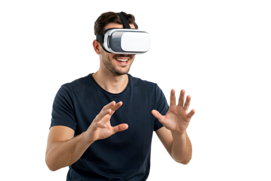 young man wearing virtual reality glasses on trasparent