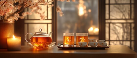 Tranquil tea set. Teapot, cups, and candle arranged by a window with blossoming branches