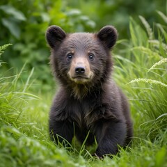 Fototapeta premium Adorable Baby Bear Cub in Lush Green Grass