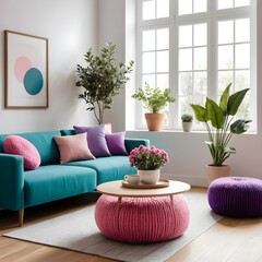 Modern Teal Sofa with Pink and Purple Pillows in Bright Living Room
