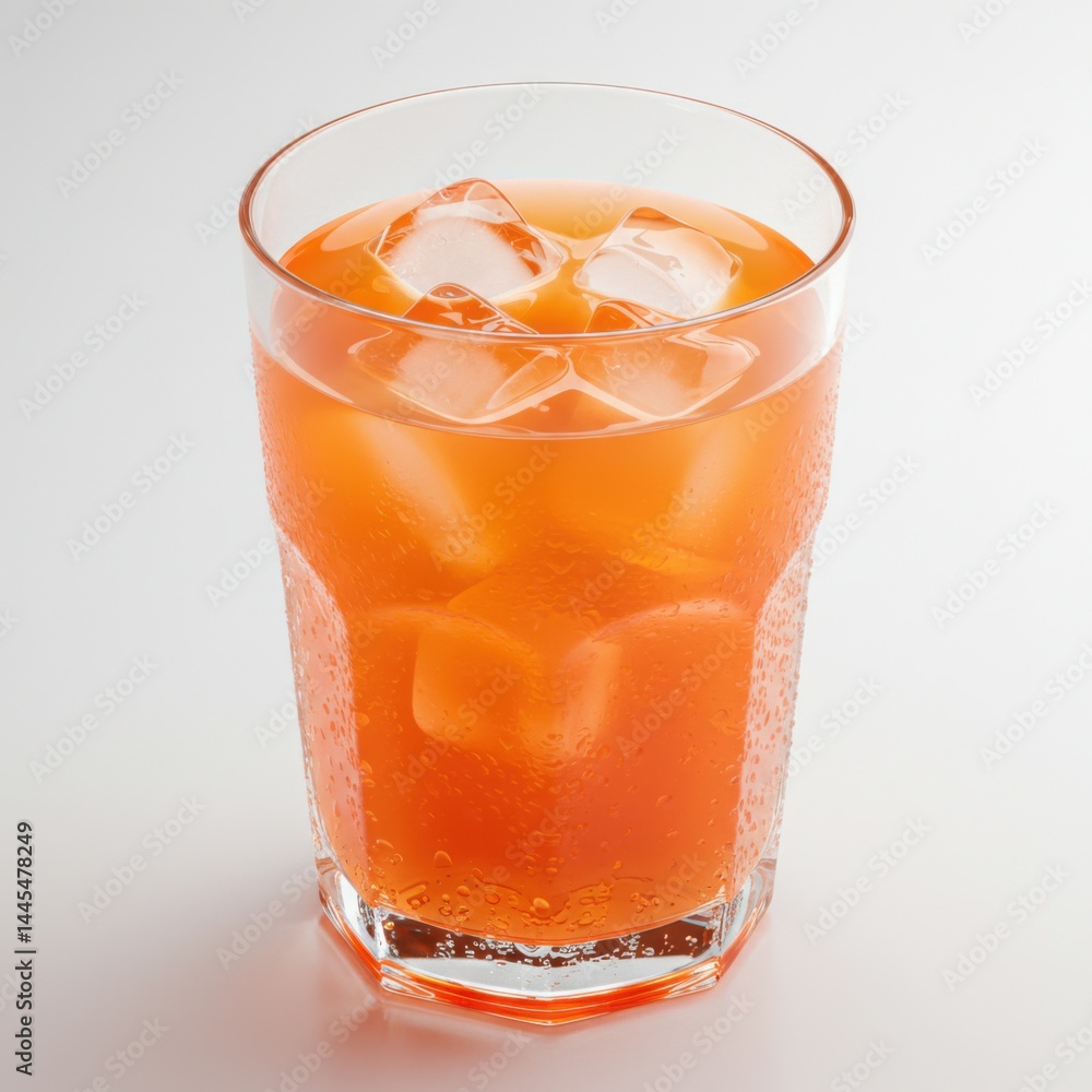 Poster a refreshing orange drink with ice cubes in a clear glass on a white surface in a studio setting