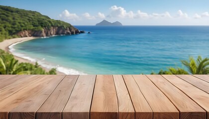 Wooden Tabletop Overlooking Tropical Beach and Ocean