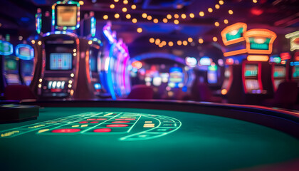 Abstract Casino Scene Featuring Green Felt Roulette Table and Slot Machines for Fun and Fortune background