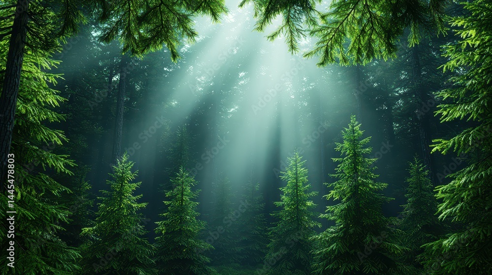 Poster sunlight filtering through dense, green coniferous forest, creating a serene atmosphere.