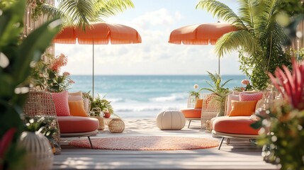 Fototapeta premium Tropical beach scene with cozy seating and vibrant umbrellas