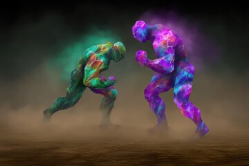 Colorful abstract figures in dynamic pose misty ground