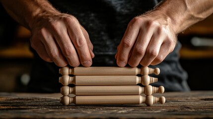 Close-up of hands holding wooden rolling pins on rustic table surface