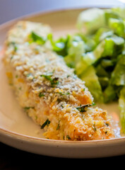 Close-up of a baked breaded salmon fillet served with a simple green salad in a dish. The salmon has a golden, crispy crust and is paired with fresh greens