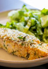 Close-up of a baked breaded salmon fillet served with a simple green salad in a dish. The salmon has a golden, crispy crust and is paired with fresh greens